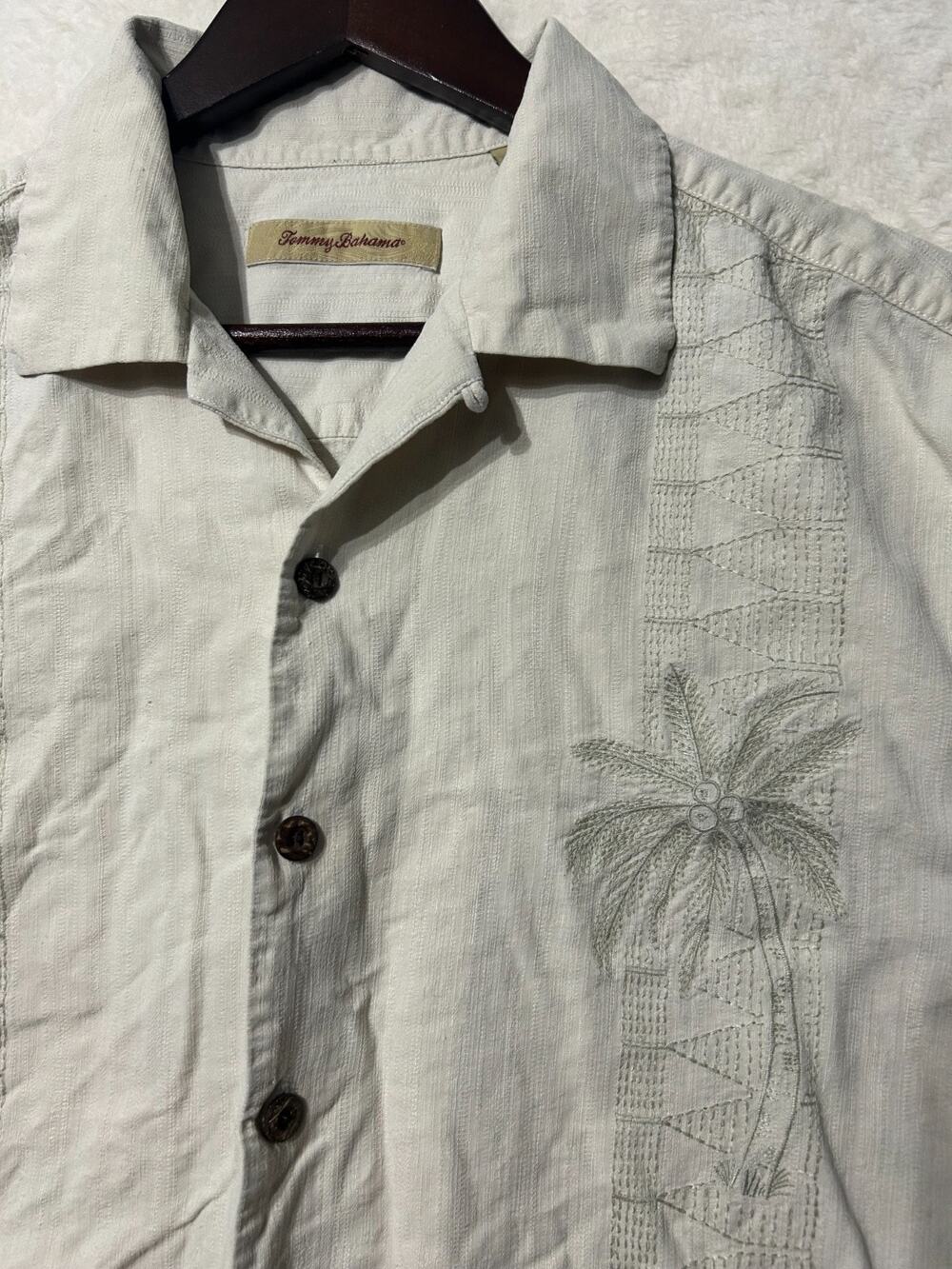 Tommy Bahama 100% Silk Camp Shirt Mens Large Green Tan Stripe Relax Fit
